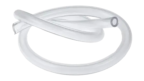 Extruded plastic tubing made with PVC.
